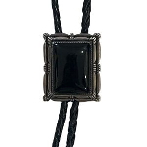 Vintage Sterling Silver & Black Onyx Bolo Tie w Silver Tips Adjustable Unisex